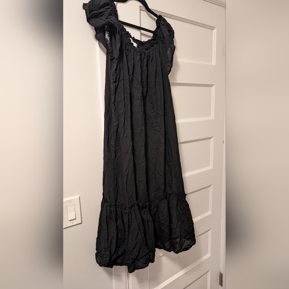 Carly Jean Los Angeles CJLA Black Linen Ruffle Sleeve Midi Dress Sz L